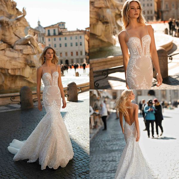 

berta wedding dresses 2020 spaghetti lace appliqued backless custom made vestidos de novia sweep train mermaid wedding gowns, White