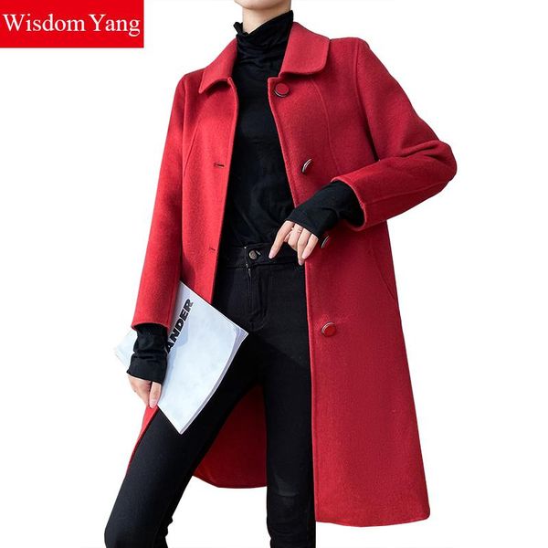 

winter autumn suit coats womens real sheep wool fleece red black oversized woolen coat lady bodycon outerwear overcoat korean