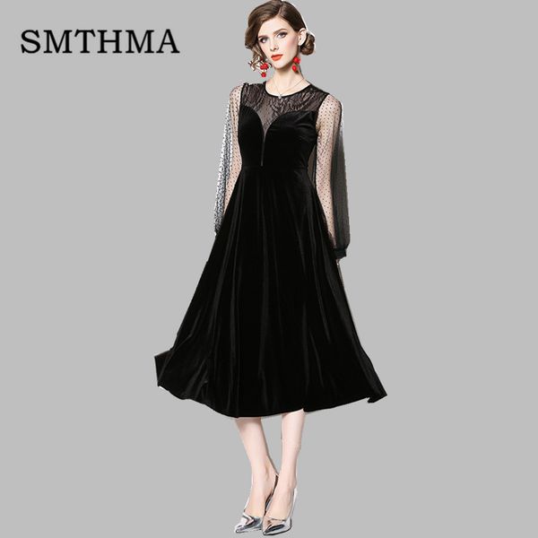 

spring new vintage velvet long dress long sleeve runway dresses women's elegant celebrity mesh patchwork party vestidos, Black;gray