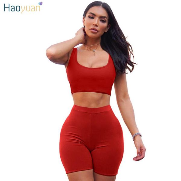 

haoyuan 2 piece set women crop and biker shorts sweat suits club outfits two piece casual tracksuit matching sets, White