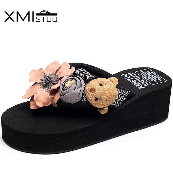 

xmistuo summer women flip flops with bear female beach slippers 3cm low-heeled slippers outside wedges sandals 6 color 7179, Black