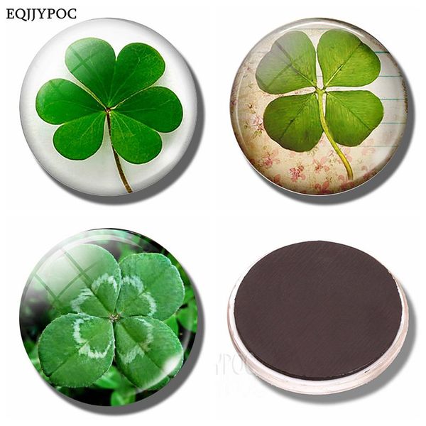 

3pcs four leaf clover 30mm fridge magnet shamrock lucky note holder glass cabochon magnetic refrigerator sticker home decoration