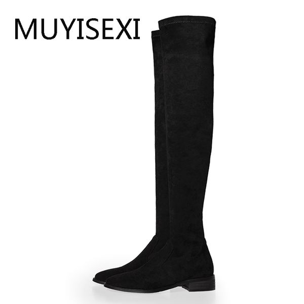 

flat over the knee boots black elastic flock slip-on thigh high boots women shoes fashion gray plus size jd07 muyisexi