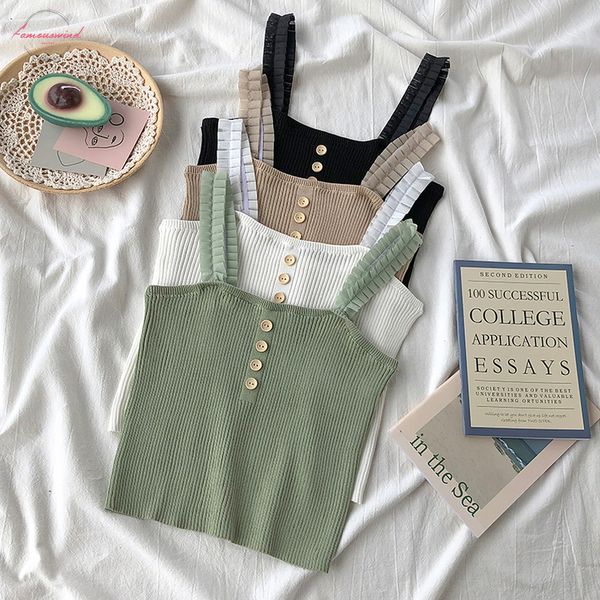 

2020 summer crop solid camis with button spaghetti women knitted camisole ladies sleeveless crop female solid camis, White
