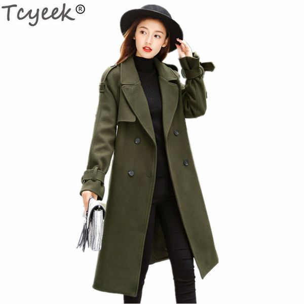 

tcyeek women's autumn wool jackets 2019 new fashion long overcoat elegant female spring windbreaker office ladies clothes lwl480, Black