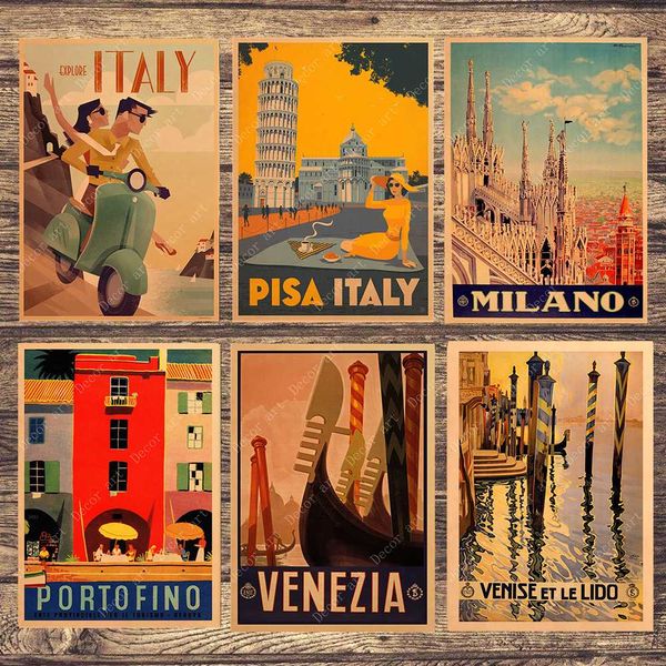 

travel to italy milano venezia canvas painting vintage wall pictures kraft posters coated wall stickers home decoration gift