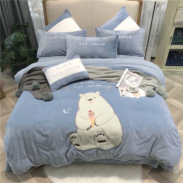 Flannel Lovely Ice Cream Bear Bedding Sets Fleece Winter Warm