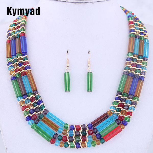 

kymyad crystal jewelry sets for women african beads jewelry set gold color multilayer statement collar necklace earrings set, Silver