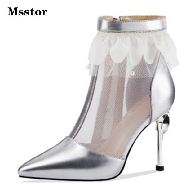 

lace pointed toe shoes women high heels mesh zipper crastal autumn spring ankle boots women mixed colors ladies shoes, Black