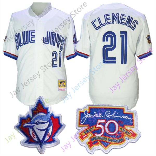 

Roger Clemens Jersey Toronto Cooperstown Blue Jays 1997 MN Home White Button All Stitched Size M-3XL