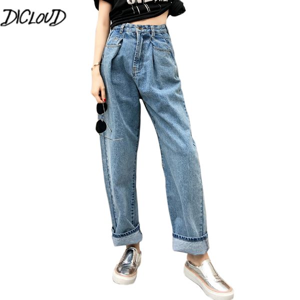 

dicloud autumn ladies jeans fashion loose casual high waist wide leg pants woman vintage pleated boyfriend style blue jeans, Black;gray