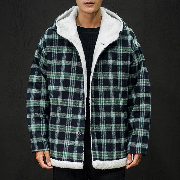 

new winter lamb hair jacket men warm fashion parka men casual lattice hooded coat street wild loose cotton jacket male clothes, Black