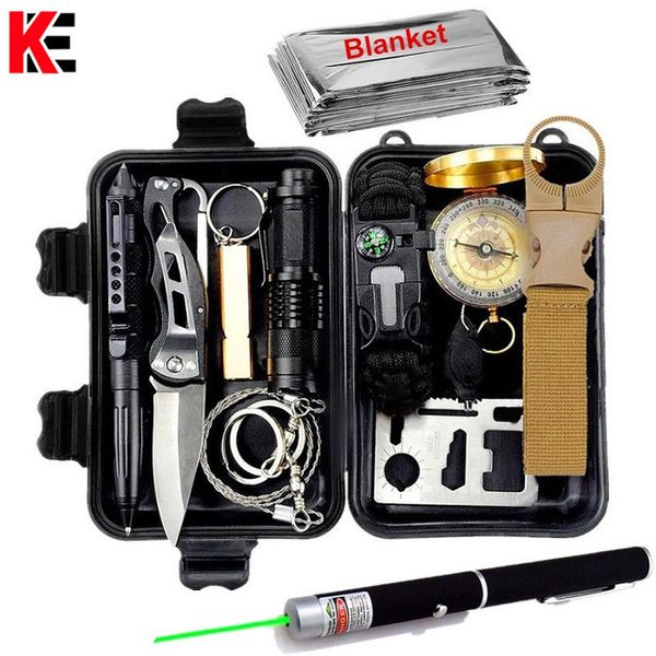 

outdoor survival kit set military travel camping emergency tools kit multifunctional survive wristband whistle blanket knife