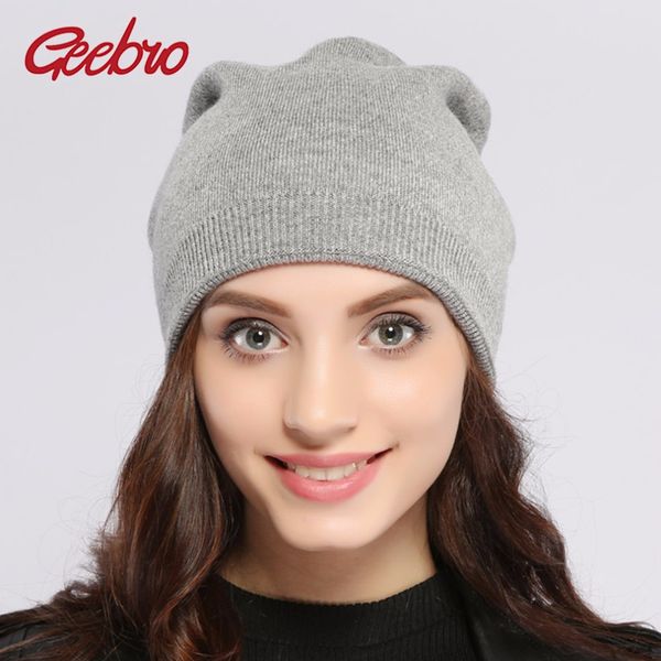 

geebro женские шапочки hat зимние утепленные женщины трикотажное шерсть skullies повседневная шапки с кашемиром solid colors gorros js273n, Blue;gray