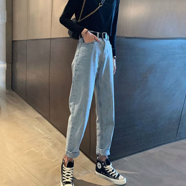 

high waist jeans women solid slim chic denim trousers womens korean style washed vintage ladies straight all-match streetwear bf, Blue