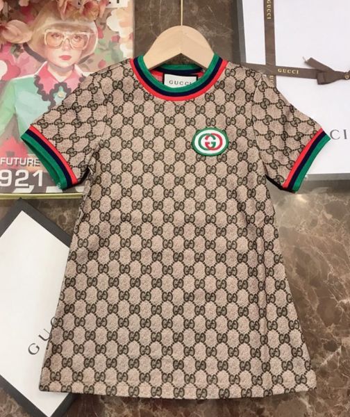 

children's clothes girl fashion classic style temperament short sleeve dress color thread splicing neckline dress, Red;yellow