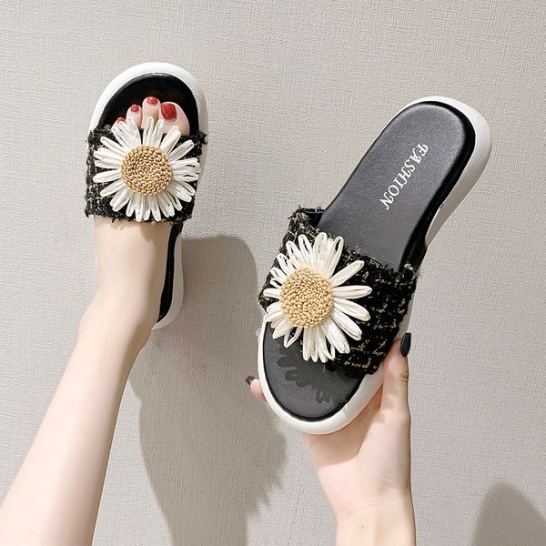

house slippers platform female shoes low flower slides shose women 2020 rubber flat summer soft cotton fabric, Black