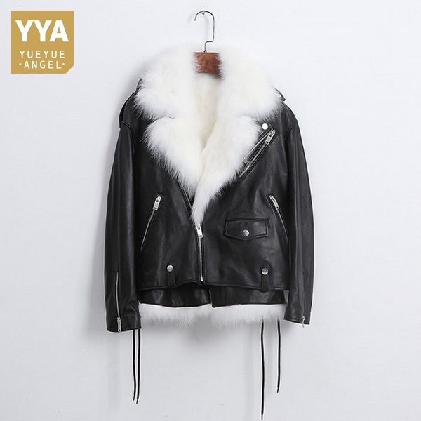 

new luxury design 2 pieces real fur sheepskin jacket womens winter fashion lapel real fur liner genuine leather biker jacket, Black