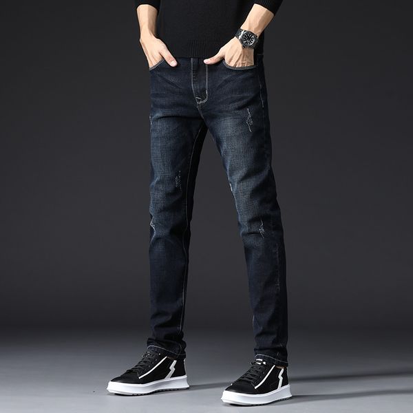 

men's jeans men elastic slim fit tight korean trend pants black youth little feet business for male, Blue