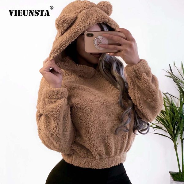 

vieunsta women sweatshirt kawaii fleece fur long sleeve hooded autumn winter teddy bear ears soft hoodies sweatshirt pullover xl, Black