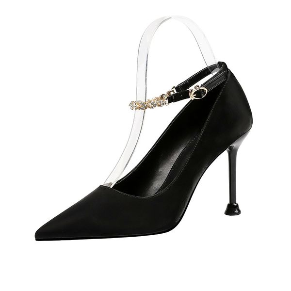 

9.5cm pumps high-heeled shoes with pointed toe and shallow mouth, water drill, one-word band, women's shoes girls, Black