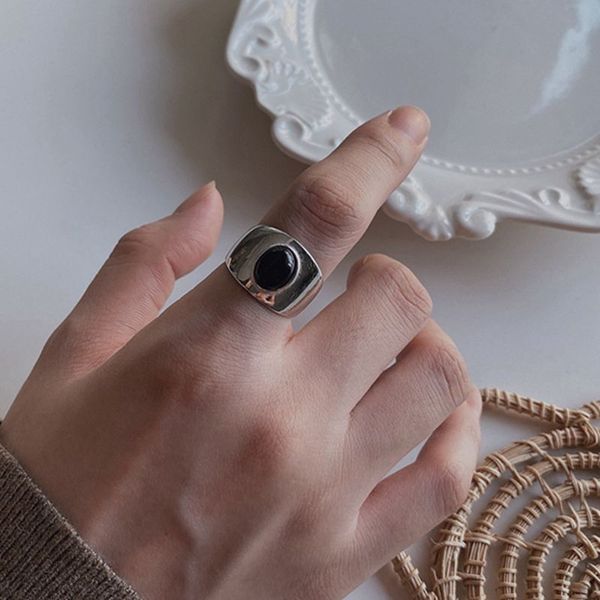 

silvology 925 sterling silver black agate rings glossy thick industry style rings for women friendship jewelry gift, Golden;silver