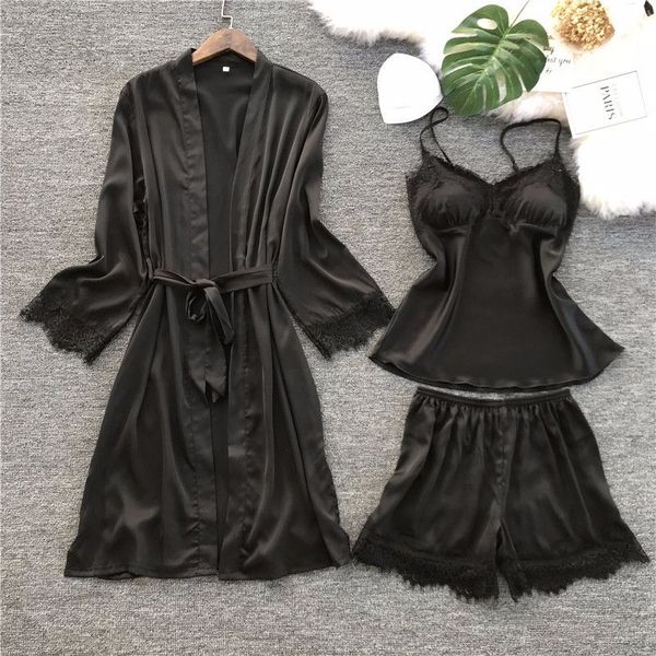 

long sleeve ladies summer v-neck pajamas shorts sets silk pyjamas sets luxury noble sleepwear for young girls lace bath robe, Blue;gray