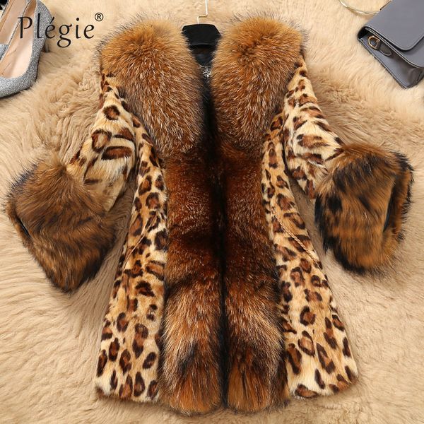 

plegie 6xl plus size leopard faux fur coat 2018 fall jacket women faux raccoon fur collar thick warm jacket s-6xl, Black
