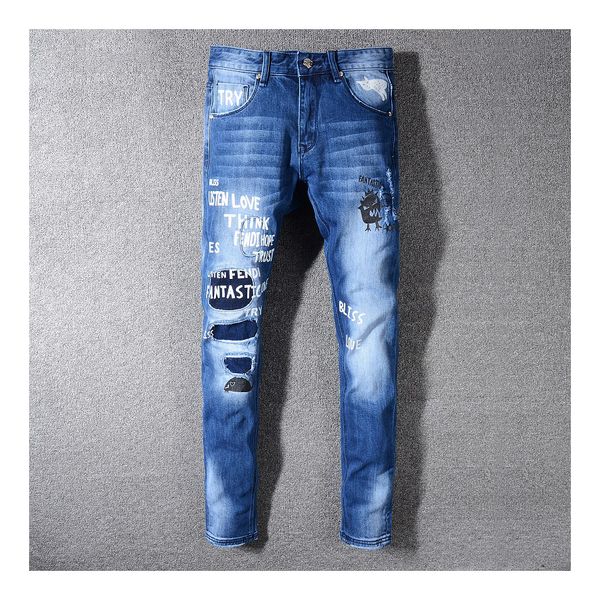 

mens designer jeans fashion letters patch pants luxury pattern mens denim jean for hip hop streetwear kanye west style 2019 new style, Blue