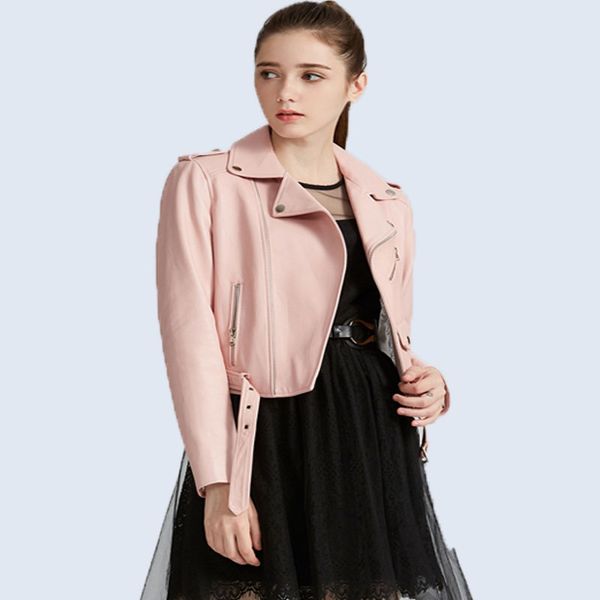 

women pink streetwear short jacket 2019 new spring autumn slim zipper black basic leather jacket ladies long sleeve fashion coat
