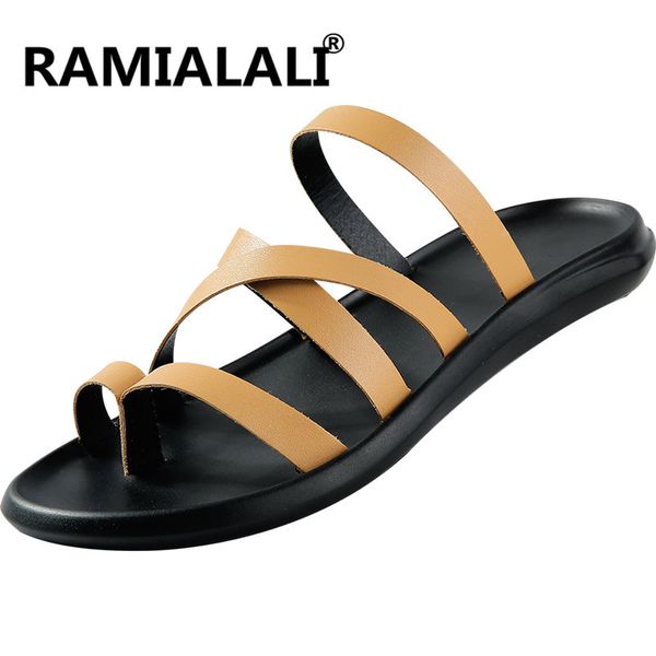 

ramialali men sandals 2018 casual summer beach leather ankle strap cross-tied gladiator thongs shoes roman t-strap flip flop, Black