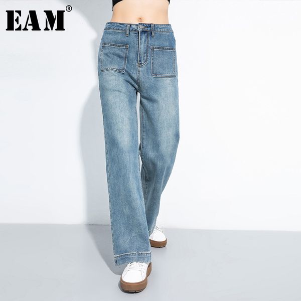 

eam] blue pocket split joint long wide leg jeans new high waist loose women trousers fashion tide spring autumn 2020 1t304