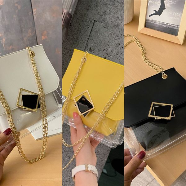 

women's 2020 chain shoulder package package lock shoulder bag lock buckle all-match transparent pu messenger bag, White