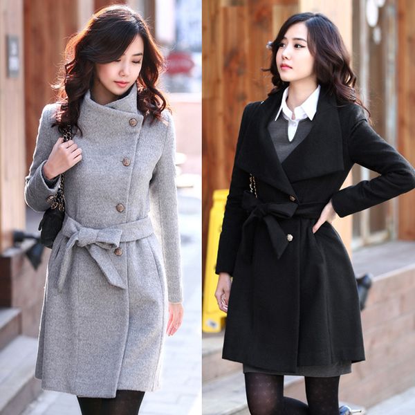 

2018 autumn winter wool blend coat women long sleeve trench coat jacket casual woolen outwear solid overcoat, Black