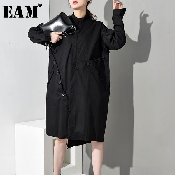 

eam] 2019 new autumn winter stand collar long sleeve button stitch loose long big size windbreaker women trench fashion jo0160, Tan;black