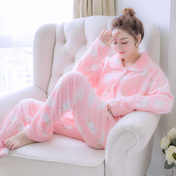 

2018 new style nightgown autumn and winter long sleeve thick cardigan korean-style fashion flannel pajama set wholesale, Blue;gray