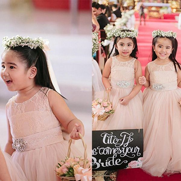 

2019 cute blush pink flower girl dresses for weddings long tulle crystals sash jewel floor length girls pageant dress kids birthday dresses, White;blue