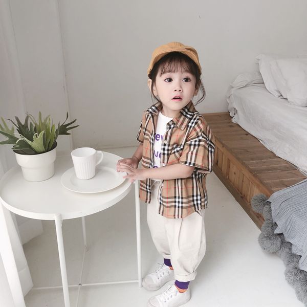 

2020 children's wear summer men's and women's short sleeve plaid basic loose casual shirt children's clothing shirt top, White;black