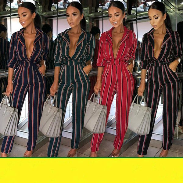 

women's 2019 summer explosions fashion casual striped printed long-sleeved tie pocket long jumpsuit, Black;white