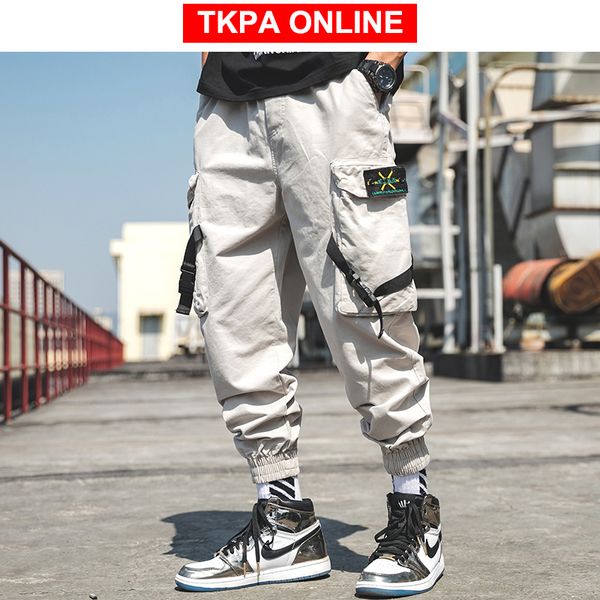 

streetwear cargo pants 2020 harajuku harem pants overalls men baggy pockets ribbons sweatpants hip hop sweatpants 2xl, Black