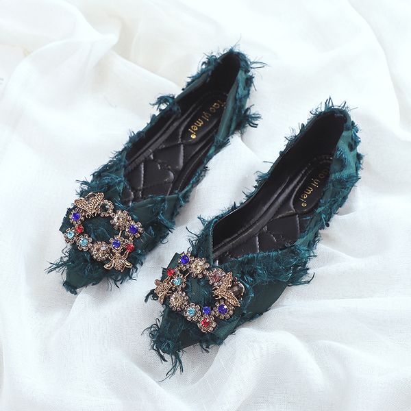 

womens pointed toe rhinestones crystal bee buckle decor furry flats loafer slip on casual shoes black green new arrival x02