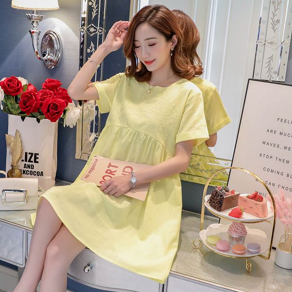 

maternity summer fashion floral embroidered short sleeve cotton dress with belt plus size pregnant women empired a-line dress, White