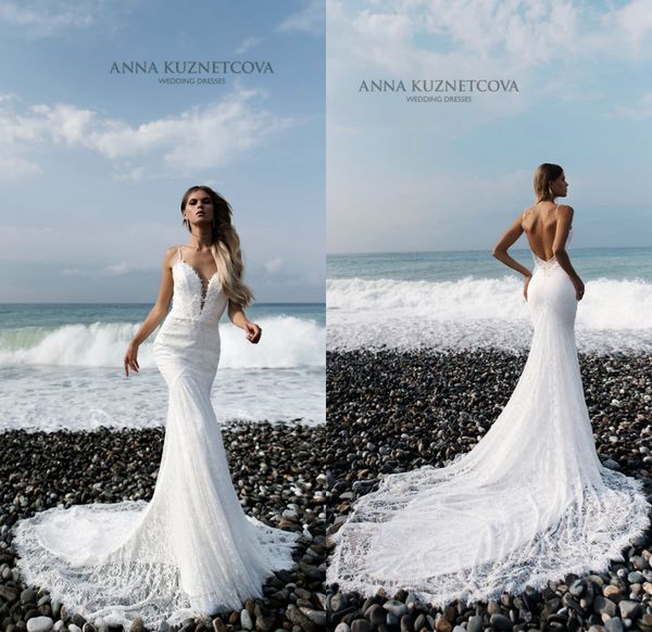 

elegant beach wedding dresses 2019 spaghetti lace appliques back mermaid wedding dress sweep train plus size bride boho robes de mariÃ©e, White