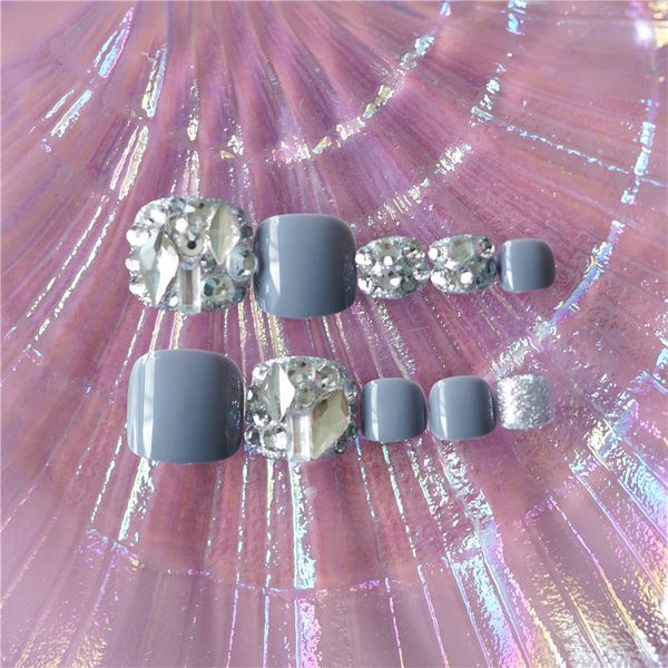 

24pcs gray and silver full drill fake toenail square tablets stickers false summer diy nail with nail glue patch nails art tools, Red;gold