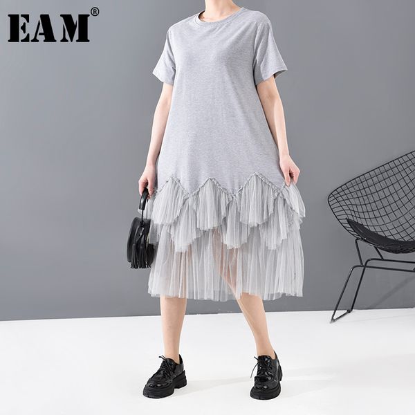 

eam] women gray mesh ruffles split temperament dress new round neck short sleeve loose fit fashion spring summer 2020 1t946, Black;gray