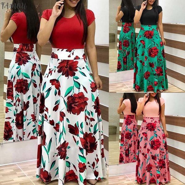 

womens dresses fashion casual floral printed maxi dress short sleeve party long dress, Black;gray