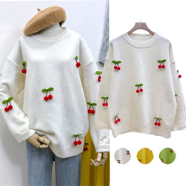 

women's sweaters 2021 sweater women fall winter korean lazy loose ins cherry decorate pull femme nouveaute sweter pullover my-042, White;black