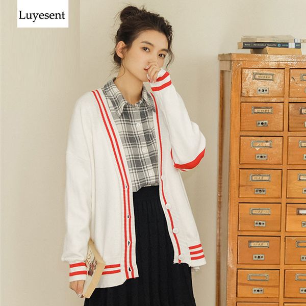 

women contrast color striped v neck preppy style cardigans long sweaters female fashion 2018 winter knit sweater england top, White;black