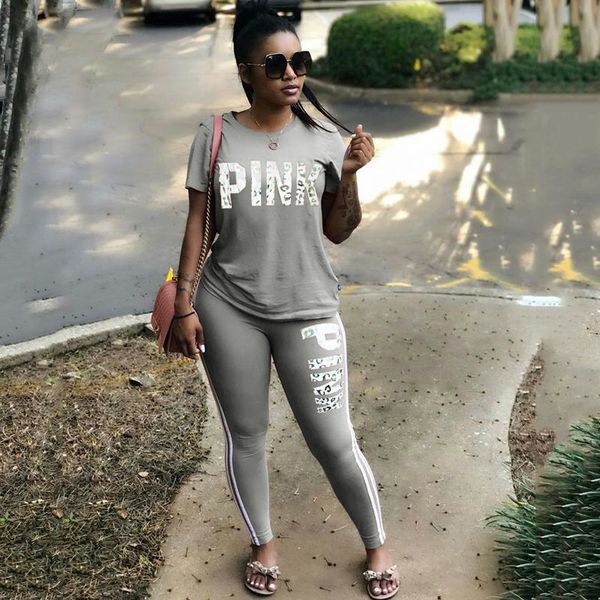 

pink letter print tracksuits women two pieces set summer street t-shirt and jogger set suits casual 2pcs outfits, Gray