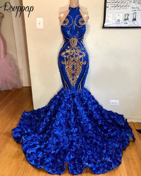 

new arrival long prom dresses 2019 sparkly mermaid high neck gold and royal blue african black girl flowers prom dress, White;black